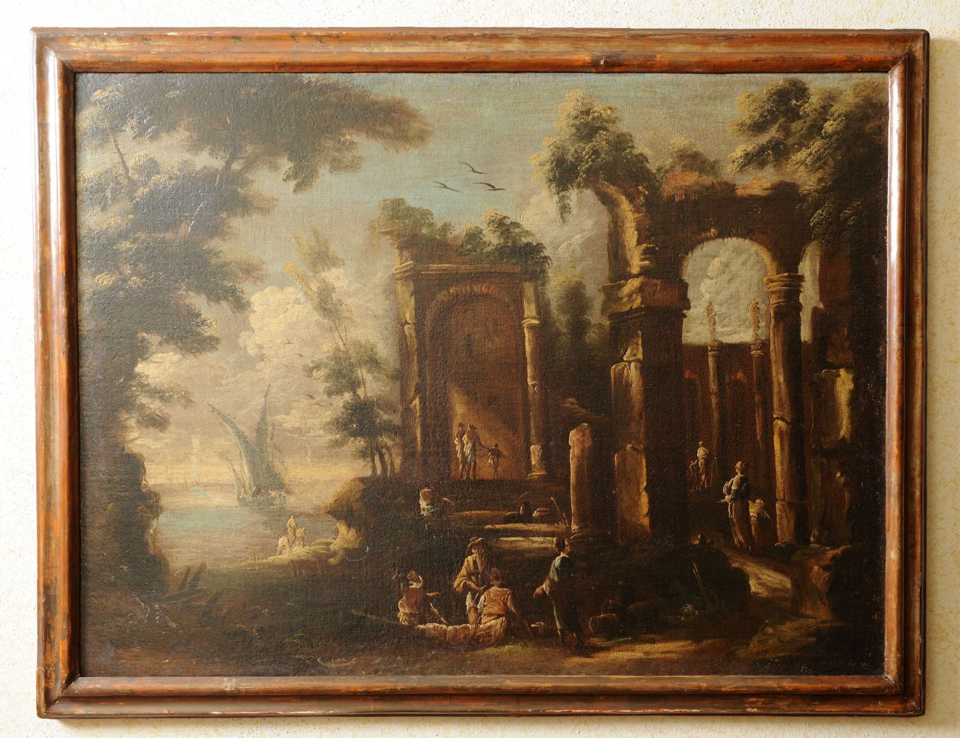 Par de paisagens com ruínas e personagens, atribuídas a Antonio Francesco Peruzzini, Ancona 1643 Milano 1724 cm 72 x 97